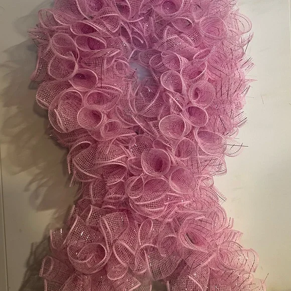 Breast cancer Pink Mesh Ribbon Wreath- handmade - Picture 4 of 8